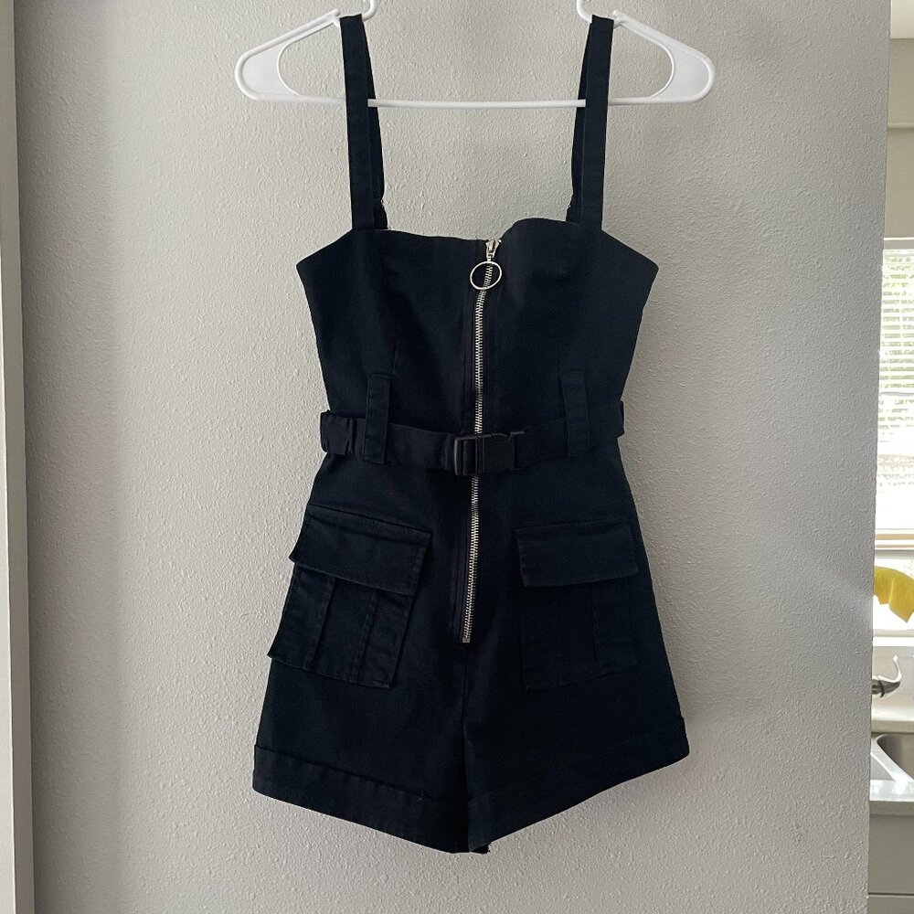 Beginning Boutique Black Utility Cargo Romper